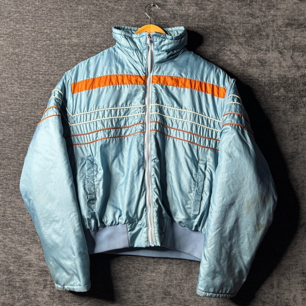 Vintage 90s Campus Sport Blue Orange Stripe Puffer Bomber Jacket Size Large
